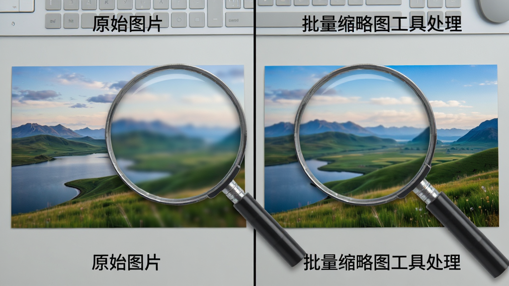 批量缩略图工具画质对比示意图,画面左右分栏展示同一张风景照片处理前后的细节对比,左侧标注“原始图片”右侧标注“批量缩略图工具处理”,中间以放大镜形式突出边缘锐度与色彩还原效果,背景为浅灰色工作台面,风格写实清晰,画质细腻,无多余文字