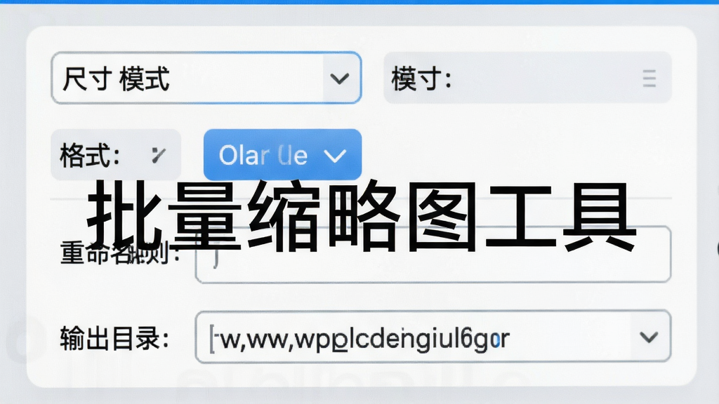 批量缩略图工具输出设置面板特写,画面展示软件参数配置界面,包含尺寸模式下拉菜单、格式选择按钮、重命名规则输入框、输出目录路径栏,界面采用卡片式布局,浅色背景搭配圆角控件,标注“批量缩略图工具”水印,风格干净商务,画质高清,无干扰元素