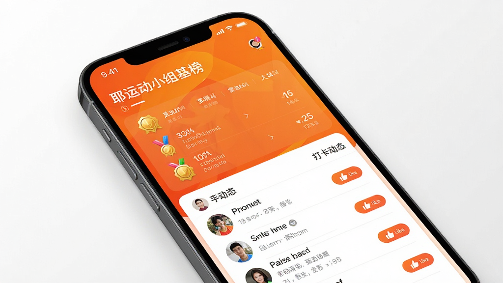 耶运动跑步基地社区页面,手机屏幕显示运动小组排行榜和打卡动态,背景为活力橙色渐变,主体为手机展示社区互动界面,布局上方为排行榜下方为动态列表,风格为社交运动风,细节包含用户头像、勋章图标、点赞按钮,画质高清,干净,无多余元素