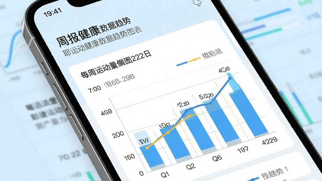 耶运动健康数据趋势图表,手机屏幕显示柱状图和折线图展示每周运动量变化,背景为淡蓝色,主体为手机展示数据分析页面,布局上方为周报摘要下方为图表区域,风格为数据可视化风格,细节包含日期轴、数值标签、趋势线,画质清晰,干净,无多余元素