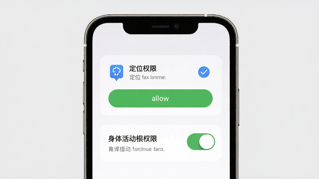 耶运动权限设置引导页面,手机屏幕显示定位权限和身体活动权限开关,背景为浅灰色,主体为手机展示权限管理界面,布局居中,风格为简洁工具风,细节包含权限图标、允许按钮、说明文字,画质高清,干净,无多余元素