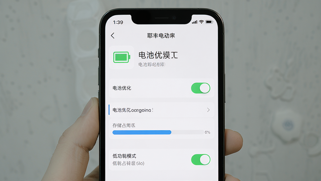 耶运动APP轻量省电特性展示,手机屏幕显示电池优化设置和低功耗模式开关,背景为白色简洁风格,主体为手机展示设置页面,布局居中,风格为极简工具风,细节包含电池图标、省电开关、存储占用条,画质高清,干净,无多余元素