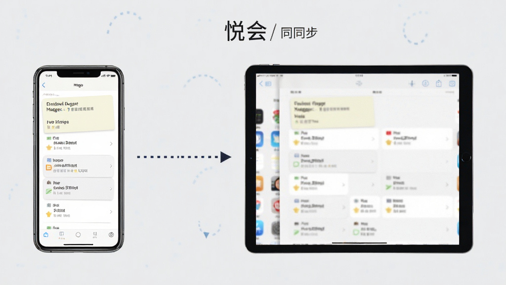 一张展示“悦会”数据同步功能的示意图,画面左侧是手机屏幕显示便签列表,右侧是平板屏幕显示相同内容,中间用虚线箭头连接代表同步,背景为浅灰色,风格商务简约,画质清晰,无杂乱元素