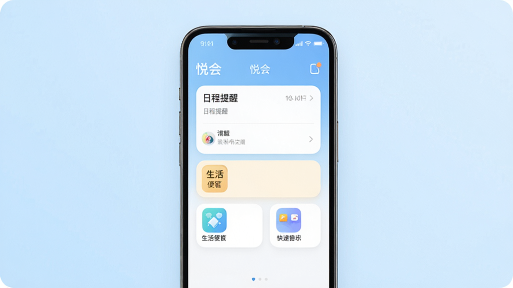 一张展示“悦会”应用主界面的手机预览图,画面中央是一部现代智能手机,屏幕显示清爽的卡片式布局,包含日程提醒、生活便签和快捷工具图标,背景为柔和的浅蓝色渐变,整体风格简约科技感,画质清晰,干净无多余元素