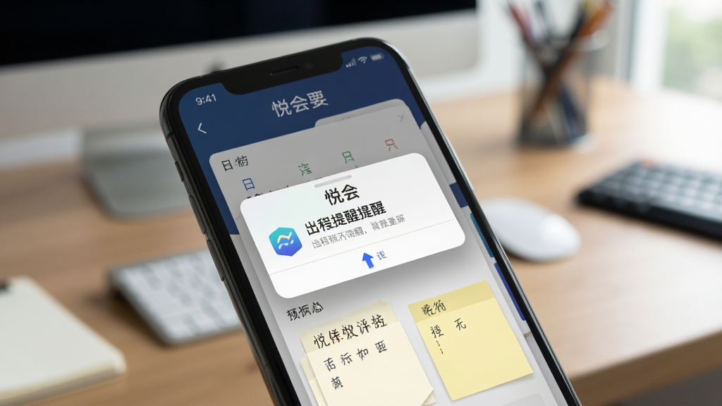 一张展示“悦会”应用在手机屏幕上运行的特写图,画面聚焦于日程提醒弹窗和便签卡片,背景为虚化的办公桌面,风格写实,主体清晰,画质干净,无多余元素