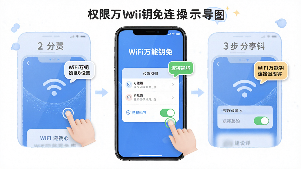 WiFi万能钥免新手操作示意图,主体为手机屏幕中显示权限设置与连接引导页面,布局为分步图示与文字说明,排版清晰有序,风格为友好引导风,细节包括手指点击图标、权限开关与提示气泡,画质为高清,画面干净无多余元素,屏幕中文字为“WiFi万能钥免”