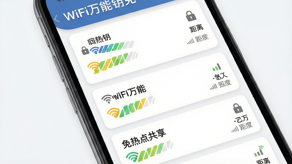 WiFi万能钥免热点共享功能展示,主体为手机屏幕中呈现密集的WiFi热点列表,布局为上下滚动式卡片排列,排版突出热点名称与信号强度,风格为清爽扁平化设计,细节包括不同颜色的信号格、锁形图标与距离标注,画质为超高清,画面干净无多余元素,屏幕中文字为“WiFi万能钥免”
