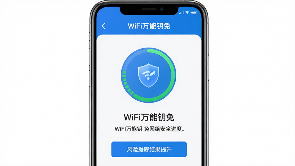 WiFi万能钥免网络安全检测界面,主体为手机屏幕中显示安全检测进度与结果提示,布局为居中圆形检测动画与下方文字说明,排版简洁明了,风格为科技蓝与白色搭配,细节包括盾牌图标、绿色安全标识与风险提示按钮,画质为高清,画面干净无多余元素,屏幕中文字为“WiFi万能钥免”