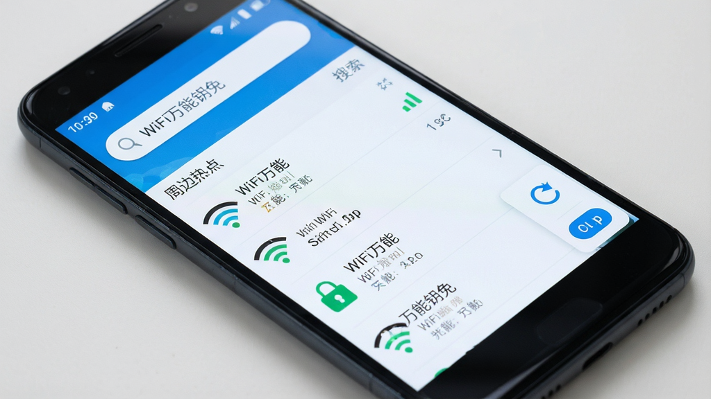 WiFi万能钥免软件主界面展示,主体为一部安卓手机屏幕,屏幕中显示WiFi万能钥免应用首页,布局为顶部搜索栏与下方周边热点列表,排版清晰整齐,风格为现代科技简约风,细节包括信号强度图标、锁形标识与刷新按钮,画质为高清1080p,画面干净无多余元素,屏幕中文字为“WiFi万能钥免”