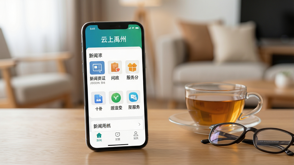 一张展示智能手机屏幕的图片,屏幕中央显示着“云上禹州”APP的首页界面,界面设计简洁,顶部有“云上禹州”字样,下方有新闻资讯、问政、服务等多个功能图标。手机放置在一张木质桌面上,旁边有一杯茶和一副眼镜,背景是虚化的家居环境,风格温馨现代,画质清晰,干净,无多余元素