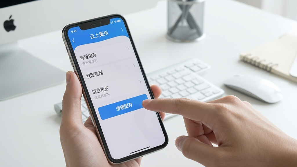 一张展示手机屏幕上“云上禹州”APP设置界面的图片,界面中有“清理缓存”、“权限管理”、“消息推送”等选项,旁边有一只手正在点击“清理缓存”按钮,背景是简洁的办公桌面,风格写实,画质清晰,干净,无多余元素