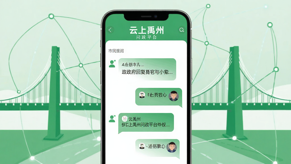 一张展示“云上禹州”问政平台界面的图片,手机屏幕上显示着市民提问和政府回复的对话气泡,背景是象征沟通的桥梁和连接线,风格扁平化,色调以绿色和白色为主,画质清晰,干净,无多余元素