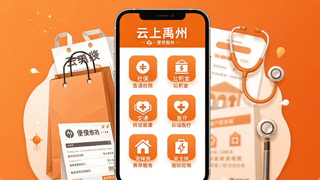 一张以“云上禹州”便民服务为主题的概念图,画面中一部手机屏幕显示着各种生活服务图标,如社保、公积金、交通、医疗等,手机周围环绕着代表便捷生活的元素,如购物袋、水电费单、听诊器等,风格清新,色调以橙色和白色为主,画质清晰,干净,无多余元素