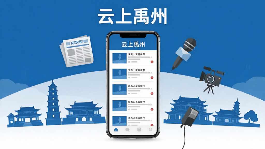 一张以“云上禹州”为主题的新闻资讯概念图,画面中心是一部手机,屏幕显示新闻列表,周围环绕着报纸、麦克风、摄像机等新闻元素图标,背景是禹州市的地标建筑剪影,风格现代简洁,色调以蓝色和白色为主,画质清晰,干净,无多余元素