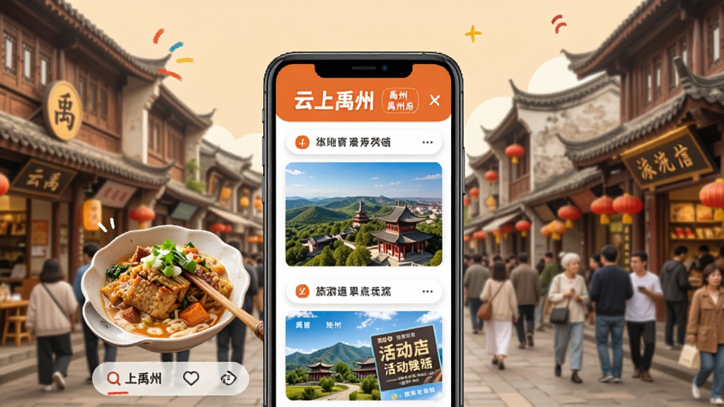 一张展示“云上禹州”本地生活板块的图片,手机屏幕上显示着美食图片、旅游景点和活动海报,背景是禹州的特色街道和人群,风格活泼,色调以暖色为主,画质清晰,干净,无多余元素