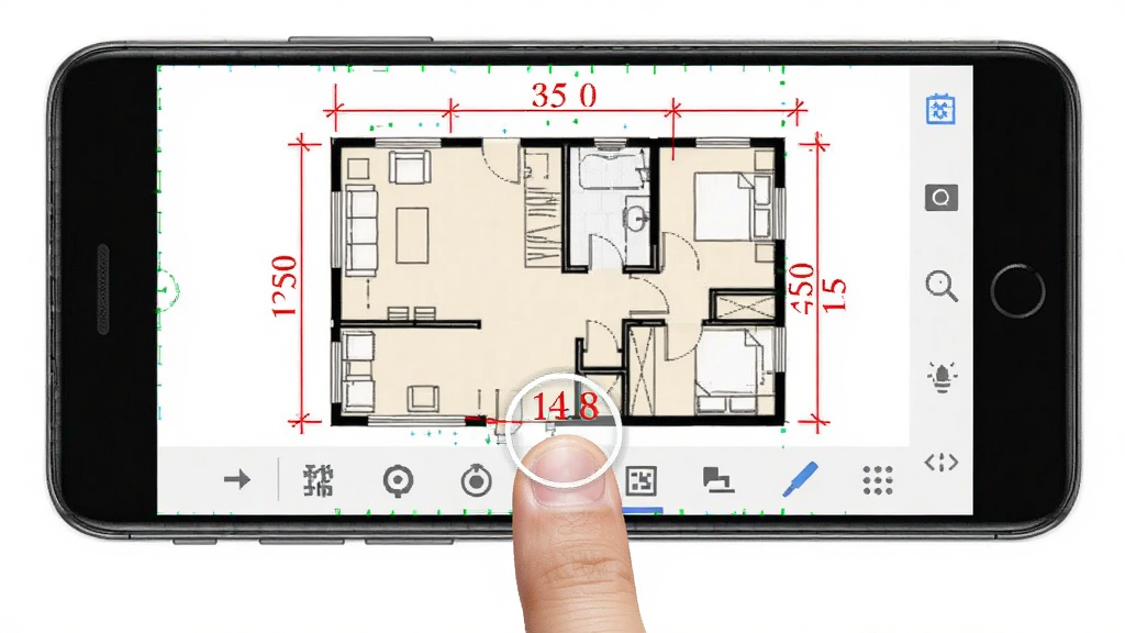 尺寸标注助手安卓手机操作界面截图,画面中一部手机横屏显示标注界面,屏幕上有户型图、红色标注线、尺寸数字和工具栏,手机下方有手指点击操作的示意,布局为手机居中,手指从下方点击屏幕,风格为写实操作演示图,细节包括标注线、尺寸数字、工具栏图标、手指点击动作,画质清晰,干净,无多余元素