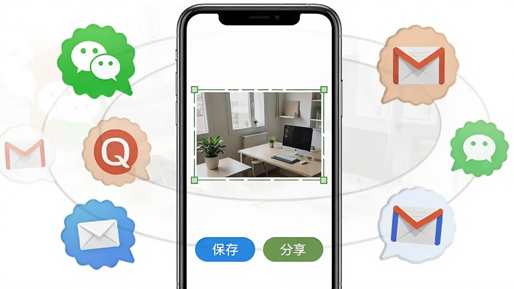 尺寸标注助手数据保存与分享功能展示图,画面中一部手机屏幕上显示标注完成后的图片,图片下方有“保存”和“分享”按钮,手机周围有微信、QQ、邮件等图标以气泡形式环绕,布局为手机居中,图标环绕四周,风格为简洁功能展示图,细节包括保存按钮、分享图标、标注图片,画质清晰,干净,无多余元素