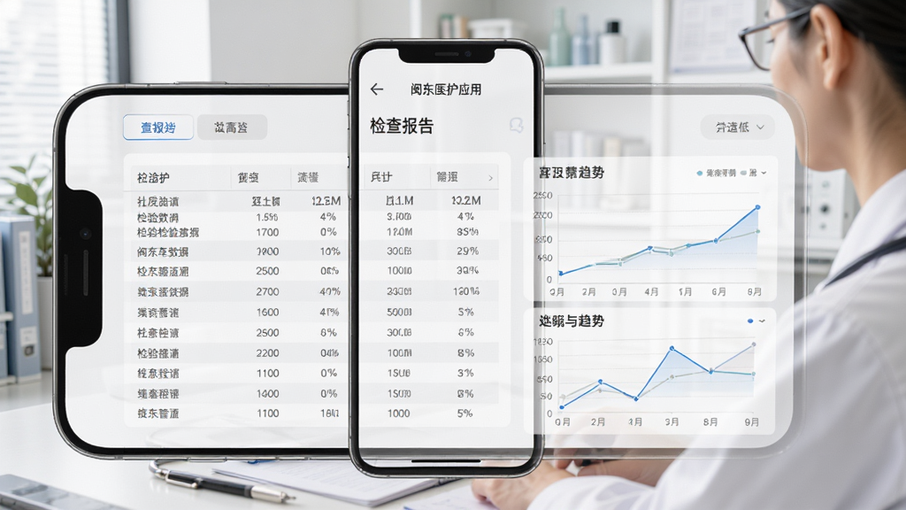 闽东医护应用的检查报告查看界面,手机屏幕展示检验数据表格和趋势图,画面背景是医生办公室,界面以白色和浅灰色为主,图表清晰,风格简约商务,画质高清,无多余元素