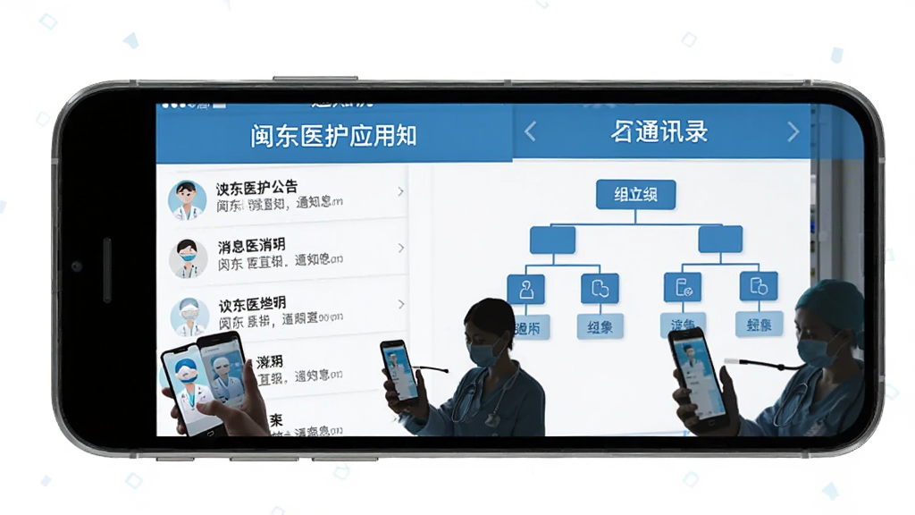 闽东医护应用的通知公告和通讯录界面,手机屏幕显示消息列表和组织架构图,画面中有多个医护人员使用手机的剪影,界面以蓝色为主调,风格统一规范,画质清晰,无多余元素
