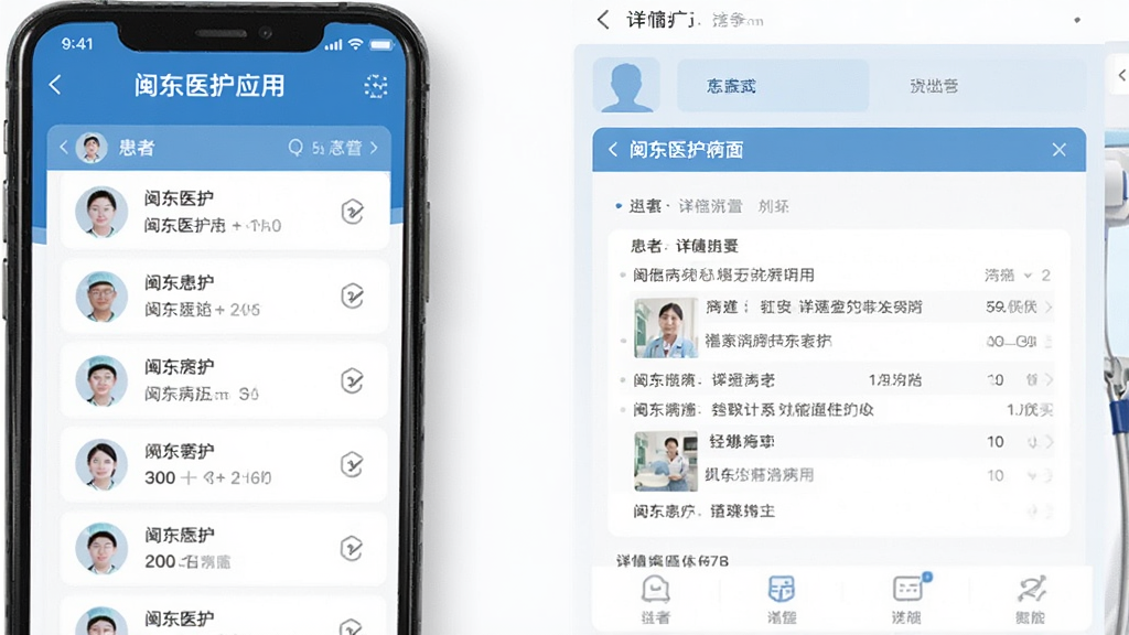 闽东医护应用的患者管理界面,手机屏幕中展示患者列表和详细病历信息,画面以蓝色和白色为主色调,界面卡片式布局,信息层级分明,风格简洁专业,画质清晰,无多余元素