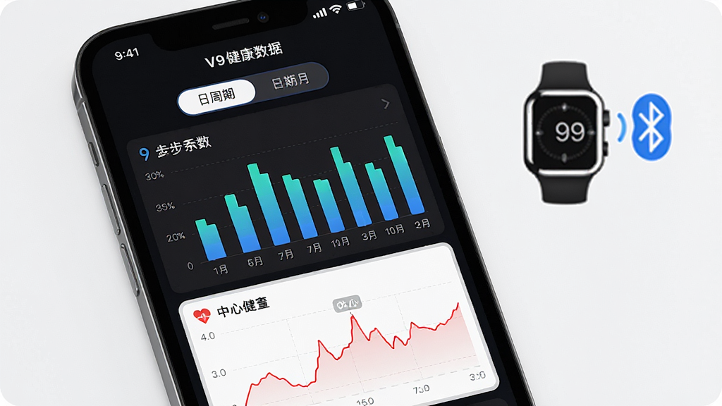 一张展示V9健康数据追踪功能的界面截图风格图片,画面中手机屏幕显示日周月切换标签、步数柱状图和心率折线图,旁边有手表图标和蓝牙信号标识,布局清晰,风格简洁科技感,细节丰富,画质干净,无多余元素