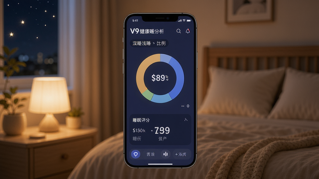 一幅展示V9健康睡眠分析页面的图片,手机屏幕显示深睡浅睡比例环形图和睡眠评分数字,背景是夜晚卧室的柔和灯光,风格温馨安静,细节清晰,画质干净,无多余元素