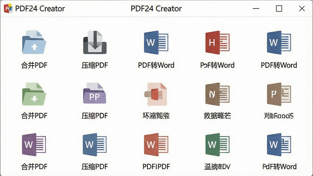 一张展示PDF24 Creator功能面板的示意图,画面主体是软件界面中央区域,布局为网格状图标排列,每个图标下方有中文功能名称如“合并PDF”“压缩PDF”“PDF转Word”,排版整齐,风格为扁平化商务风,细节包括图标颜色柔和、文字清晰,画质高清,画面干净,无多余元素,背景为白色,顶部标题栏显示“PDF24 Creator”字样