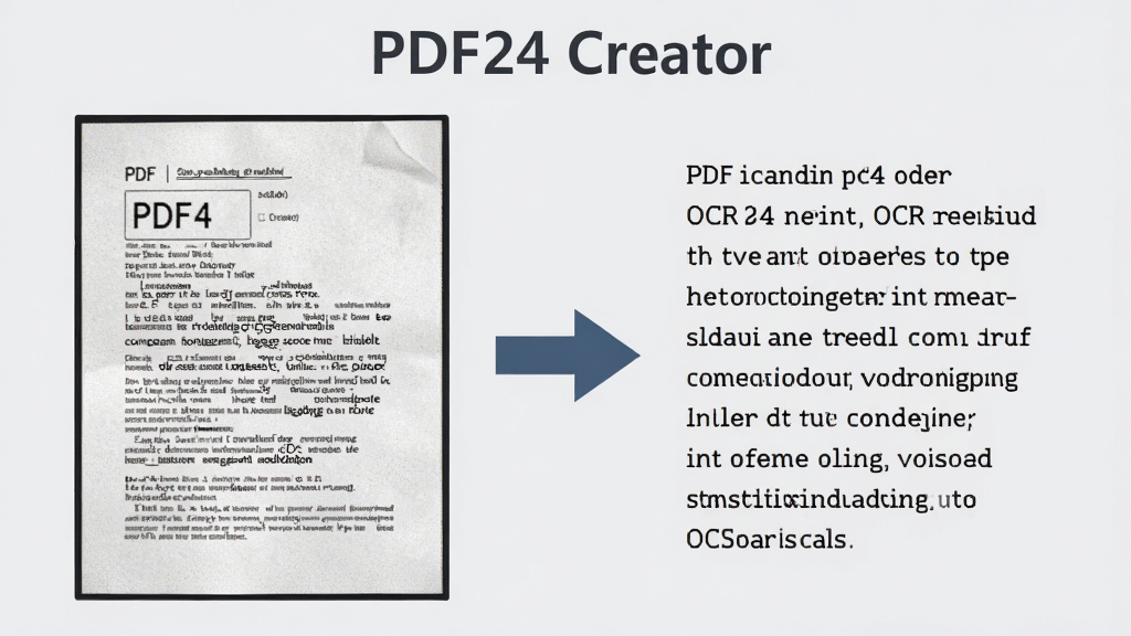 一张展示OCR识别效果的示意图,画面左侧是一张扫描版PDF文档,右侧是提取出来的可编辑文字,中间有箭头连接,布局为左右对比,风格为办公文档风,细节包括文档纸张纹理、文字清晰,画质高清,画面干净,无多余元素,背景为浅灰色,顶部有“PDF24 Creator”字样