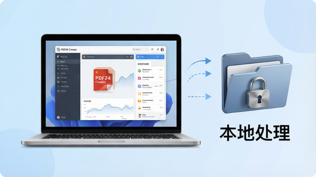 一张表现本地文件处理的示意图,画面主体是一台笔记本电脑,屏幕显示PDF24 Creator界面,旁边有一个带锁的文件夹图标和“本地处理”字样,布局为左右结构,风格为科技简约风,细节包括锁图标金属质感、文件夹图标立体感,画质高清,画面干净,无多余元素,背景为浅蓝色渐变