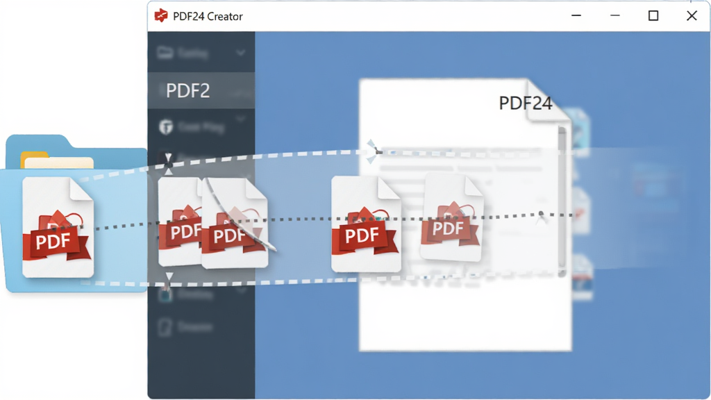 一张展示批量拖拽操作的示意图,画面主体是PDF24 Creator窗口,多个PDF文件图标从左侧文件夹拖入窗口中央,布局为动态拖拽效果,风格为扁平化办公风,细节包括文件图标有PDF字样、拖拽轨迹虚线,画质高清,画面干净,无多余元素,背景为白色