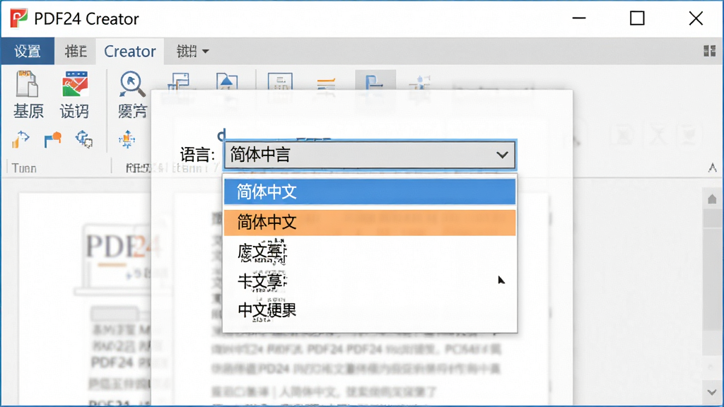 一张展示PDF24 Creator中文界面设置步骤的示意图,画面主体是软件设置窗口,语言下拉菜单中选中“简体中文”,布局为居中弹窗,风格为办公软件风,细节包括下拉菜单展开状态、中文选项高亮,画质高清,画面干净,无多余元素,背景为白色,窗口标题显示“PDF24 Creator”
