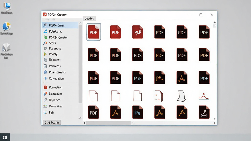 一张干净整洁的Windows电脑桌面截图,画面中央是PDF24 Creator软件主界面,左侧竖排功能菜单清晰可见,右侧显示PDF工具图标网格,界面为浅色主题,风格简洁商务,细节包括菜单文字和图标排列整齐,画质高清,画面干净,无多余元素,桌面背景为纯色浅灰,窗口标题栏显示“PDF24 Creator”字样