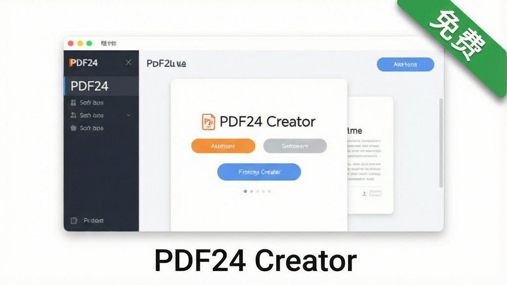 一张展示软件无广告提示的示意图,画面主体是PDF24 Creator主界面,右上角有一个绿色的“免费”标签,布局为居中展示,风格为清新简约风,细节包括标签有轻微阴影、界面按钮圆润,画质高清,画面干净,无多余元素,背景为白色,底部有“PDF24 Creator”文字