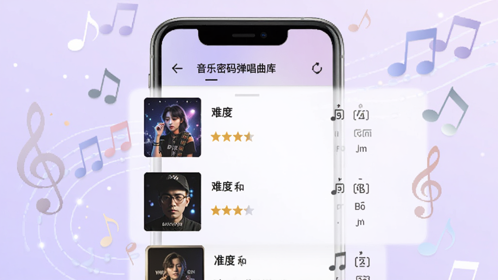 音乐密码弹唱曲库界面展示图,手机屏幕内显示歌曲列表,包含歌曲封面、难度星级和和弦数量标签,背景是柔和的浅紫色渐变,周围有跳动的音符装饰,风格活泼清新,画质清晰,干净无多余元素