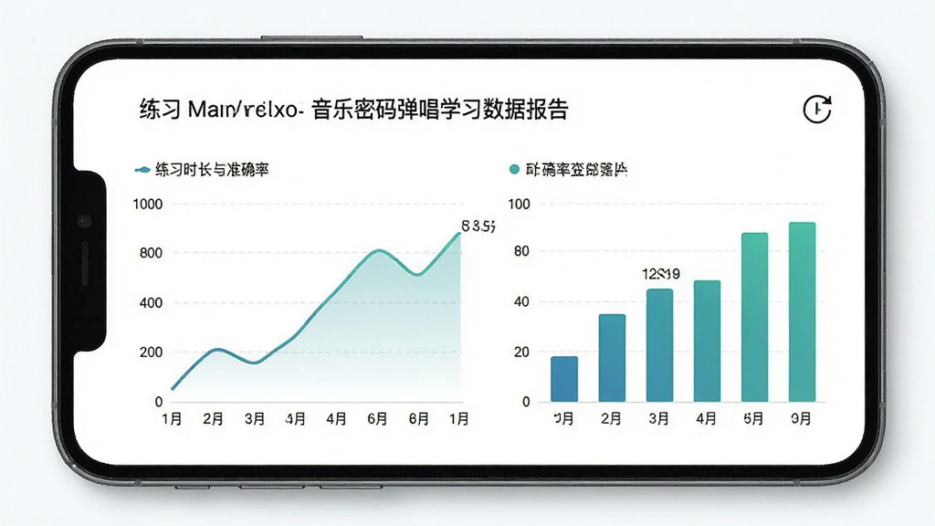 音乐密码弹唱学习数据报告页面,手机屏幕内显示折线图和柱状图,展示练习时长与准确率变化,背景是干净的白色,图表配色为蓝绿色系,风格简约商务,画质清晰,干净无多余元素