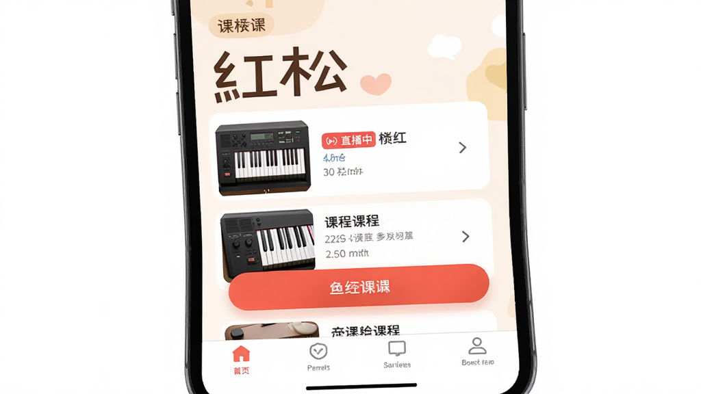 手机屏幕特写展示“红松”App首页,主体为超大字体课程列表和醒目按钮,布局采用上下结构,排版简洁,风格扁平化暖色调,细节包括电子琴课程封面、直播中标签、底部导航栏图标,画质清晰干净无多余元素
