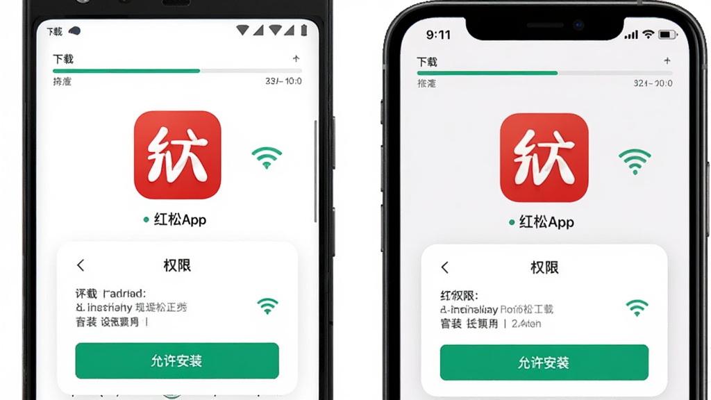 画面主体为一部安卓手机和一部苹果手机并排展示红松App安装界面,布局采用左右对比构图,排版上方为下载进度条下方为权限设置弹窗,风格简洁科技感,细节包括“允许安装”按钮、Wi-Fi信号图标、红松图标,画质高清干净无多余元素