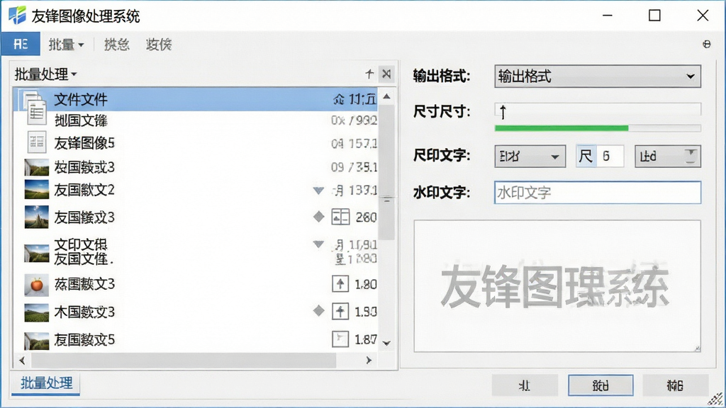 一张批量处理功能展示图,主体是“友锋图像处理系统”的批量处理对话框,对话框中有文件列表、输出格式下拉菜单、尺寸设置输入框、水印文字输入框,布局为纵向排列排版,风格为办公软件风格,细节包括文件列表中有多张图片名称、进度条显示处理中、水印预览区域有半透明文字,画质清晰,干净,无多余元素