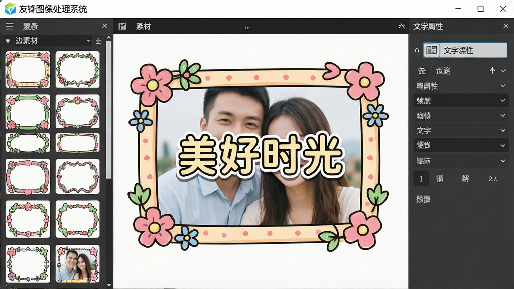 一张照片装饰功能展示图,主体是“友锋图像处理系统”的编辑界面,照片上添加了卡通边框和文字“美好时光”,界面左侧是边框素材列表,右侧是文字属性面板,布局为居中排版,风格为活泼清新风格,细节包括边框有花朵元素、文字有描边效果、素材列表中有多种边框缩略图,画质清晰,干净,无多余元素