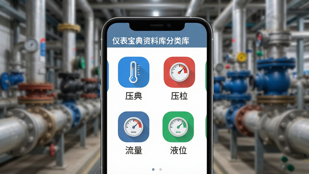 一张展示仪表宝典资料库分类页面的预览图,画面中手机屏幕显示压力、温度、流量、液位四个彩色图标入口,每个图标下方有中文标签,背景是虚化的工业管道场景,风格写实干净,画质清晰,主体突出