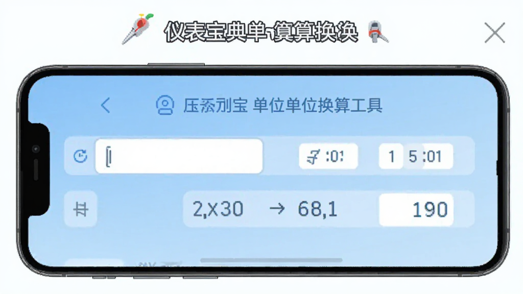 一张展示仪表宝典单位换算工具页面的预览图,手机屏幕内显示压力单位换算界面,有输入框和换算结果,背景是浅蓝色渐变,风格简约现代,画质清晰,主体明确