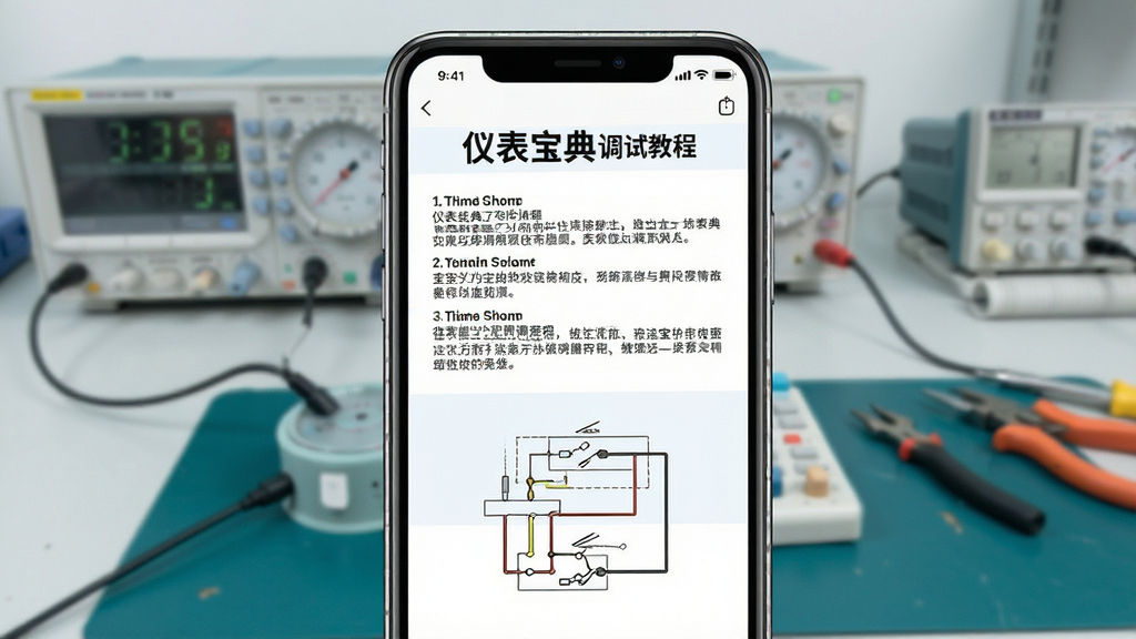 一张展示仪表宝典调试教程页面的预览图,手机屏幕内显示分步骤的校准说明文字和一张简单的接线示意图,背景是整洁的仪表校验台,风格专业清晰,画质干净,无杂乱元素