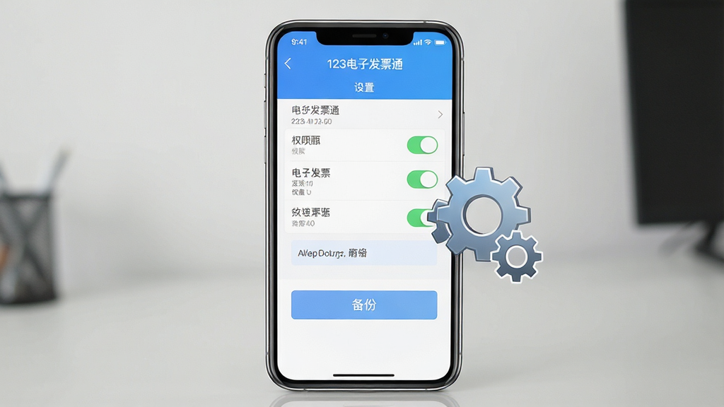 一张展示手机端电子发票应用操作技巧的图片,画面中央是一部手机与齿轮设置图标,手机屏幕显示“123电子发票通”设置页面,布局为上下结构,风格简洁实用,细节包含权限开关与备份按钮,画质高清,干净无多余元素
