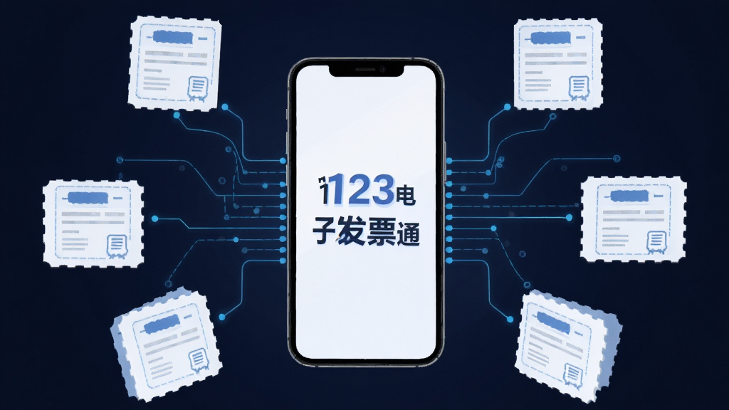 一张表现电子发票自动归集概念的图片,画面中央是一部手机与多个发票卡片图标通过线条连接,手机屏幕显示“123电子发票通”字样,布局呈放射状排列,风格扁平化科技感,细节包含发票形状图标与数据连线,画质高清,干净无多余元素