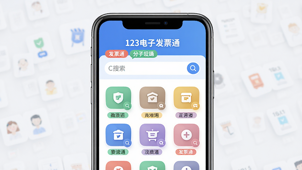 一张表现发票分类检索功能的图片,画面中央是一部手机屏幕展示分类标签与搜索框,屏幕顶部显示“123电子发票通”字样,布局为网格状分类图标排列,风格现代简约,细节包含不同颜色标签与搜索图标,画质高清,干净无多余元素
