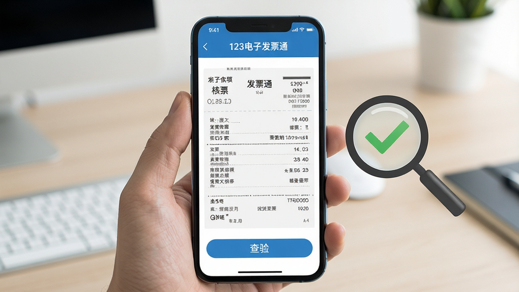一张表现发票查验核对场景的图片,画面中央是一部手机屏幕展示发票详情页面,旁边有放大镜与对勾图标,屏幕上方显示“123电子发票通”应用名称,布局为左右分栏,风格简洁商务,细节包含票面字段与查验按钮,画质高清,干净无多余元素