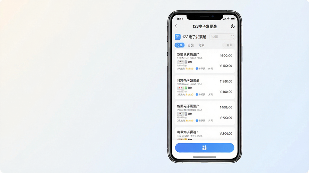 一张展示手机屏幕内电子发票管理界面的图片,画面中央是一部竖屏智能手机,屏幕中呈现“123电子发票通”应用主界面,界面包含发票列表、分类标签与功能按钮等元素,布局简洁清晰,背景为浅色渐变,风格现代简约,细节包含图标与文字排版,画质高清,干净无多余元素