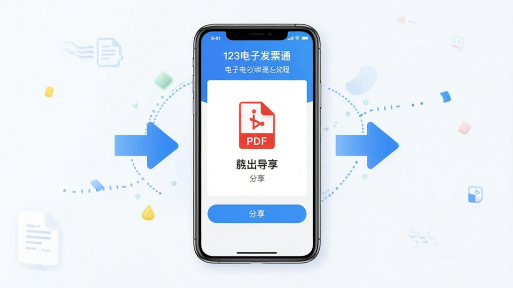 一张表现电子发票导出与分享流程的图片,画面中央是一部手机与文件传输箭头图标,手机屏幕显示“123电子发票通”导出界面,布局为上下结构,风格清爽明快,细节包含PDF文件图标与分享按钮,画质高清,干净无多余元素