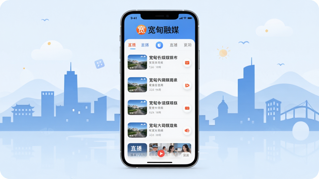 画面中央放置一部智能手机,屏幕显示宽甸融媒APP首页界面,顶部有宽甸融媒文字标识,界面包含新闻列表和直播入口,背景为宽甸城市风光剪影,整体布局简洁清晰,风格为扁平化科技感,细节包含圆角图标和柔和阴影,画质高清干净无多余元素