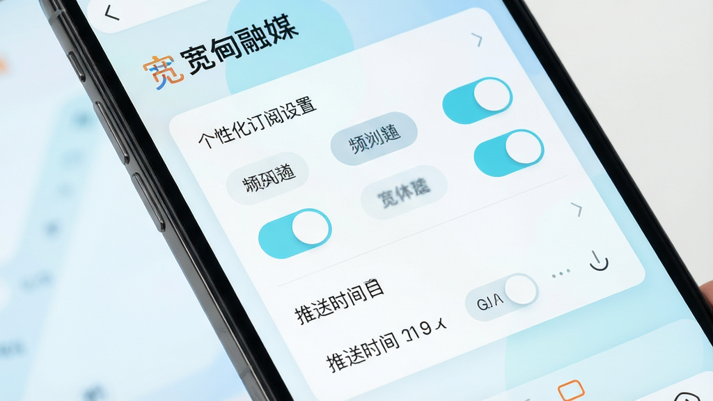 画面展示手机屏幕特写,屏幕中宽甸融媒APP界面显示个性化订阅设置面板,有多个频道开关按钮和推送时间选择器,界面文字包含宽甸融媒字样,布局整齐有序,风格为清新浅色系,细节包含开关高亮状态和柔和渐变背景,画质高清干净无多余元素